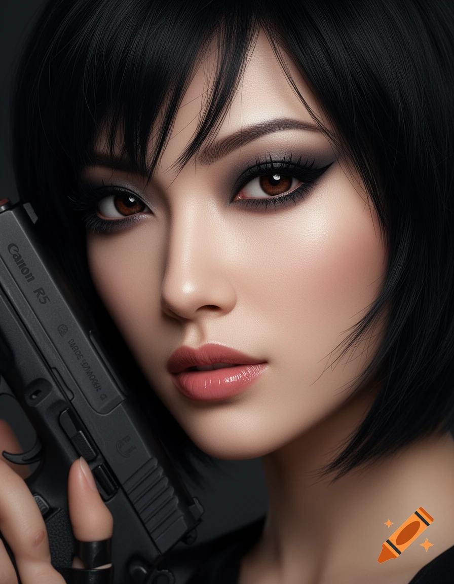 Close-up photorealistic portrait of an East Asian woman with a black bob haircut, dramatic makeup, holding a pistol near her face.