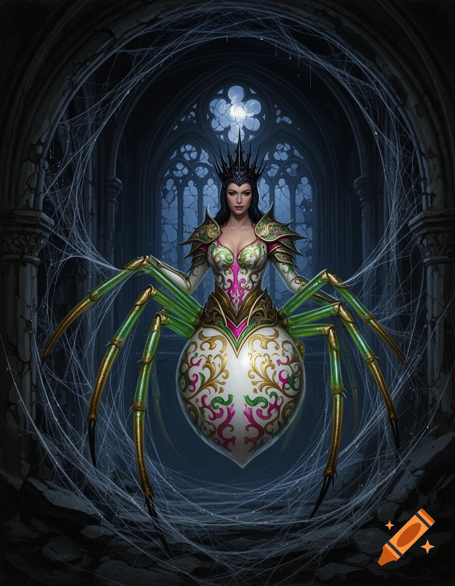 A majestic Drider queen with an ornate white, gold, green, and pink spider body and green-gold legs in a ruined gothic cathedral at night.