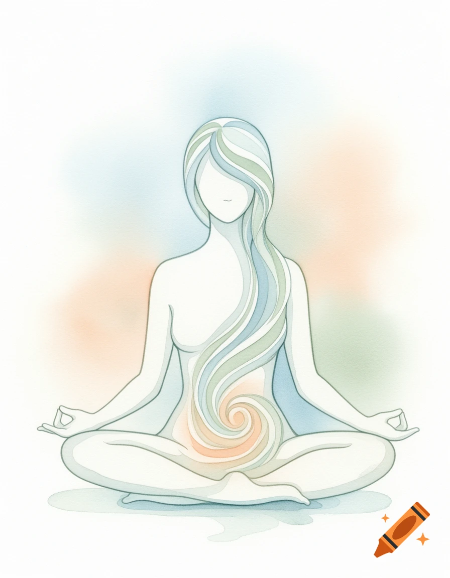 Minimalist watercolor illustration of a feminine silhouette in a meditation pose with pastel energy waves rising from the belly.
