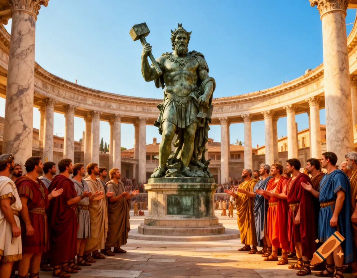 Men in Roman togas gather to honor a large bronze statue of a god with a hammer in a classical Roman courtyard.