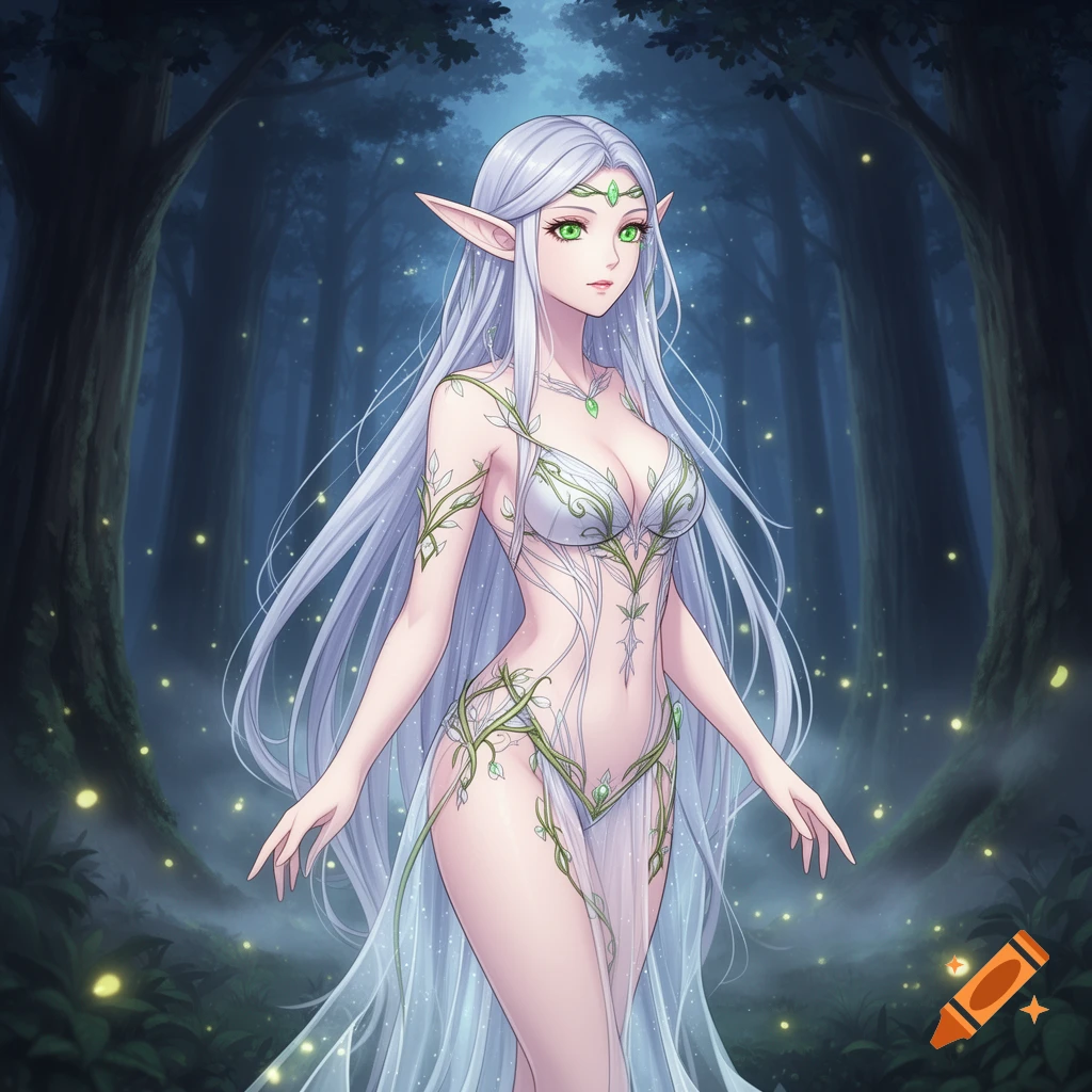 An anime-style elf woman with long white hair and green eyes stands in a dark, misty forest, wearing a sheer, leaf-adorned gown.