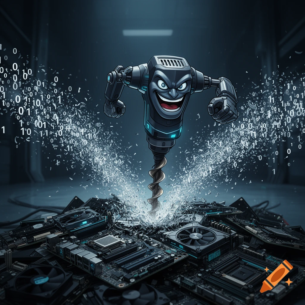 An animated, evil-smiling drill character mills computer motherboards, scattering digital zeros and ones in a high-tech scene.