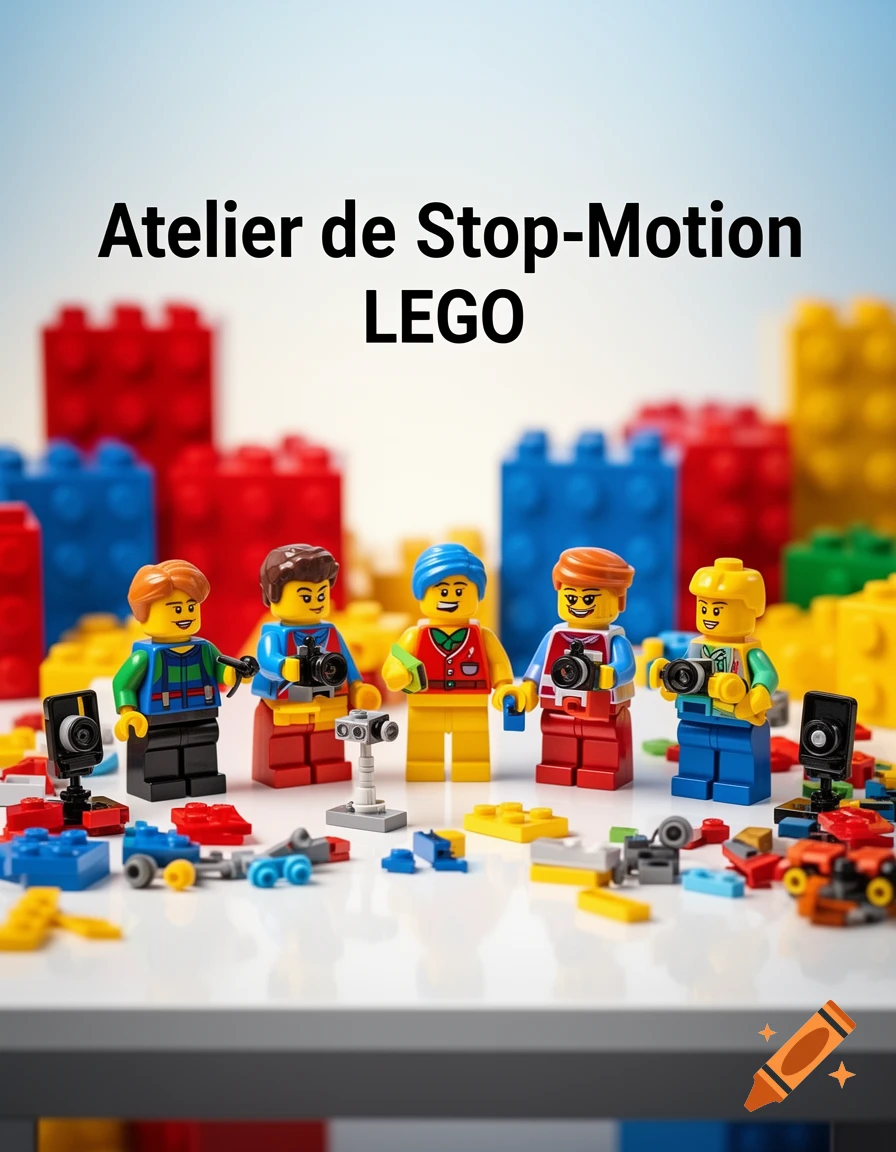 Five Lego minifigures with cameras surrounded by colorful bricks, with the text 'Atelier de Stop-Motion LEGO'.