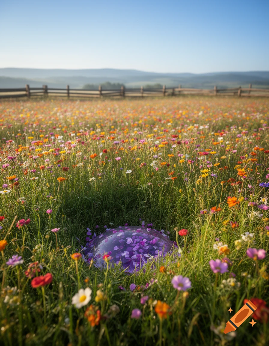 A vibrant wildflower meadow with a large translucent purple bubble partially hidden in the grass, under a clear blue sky.