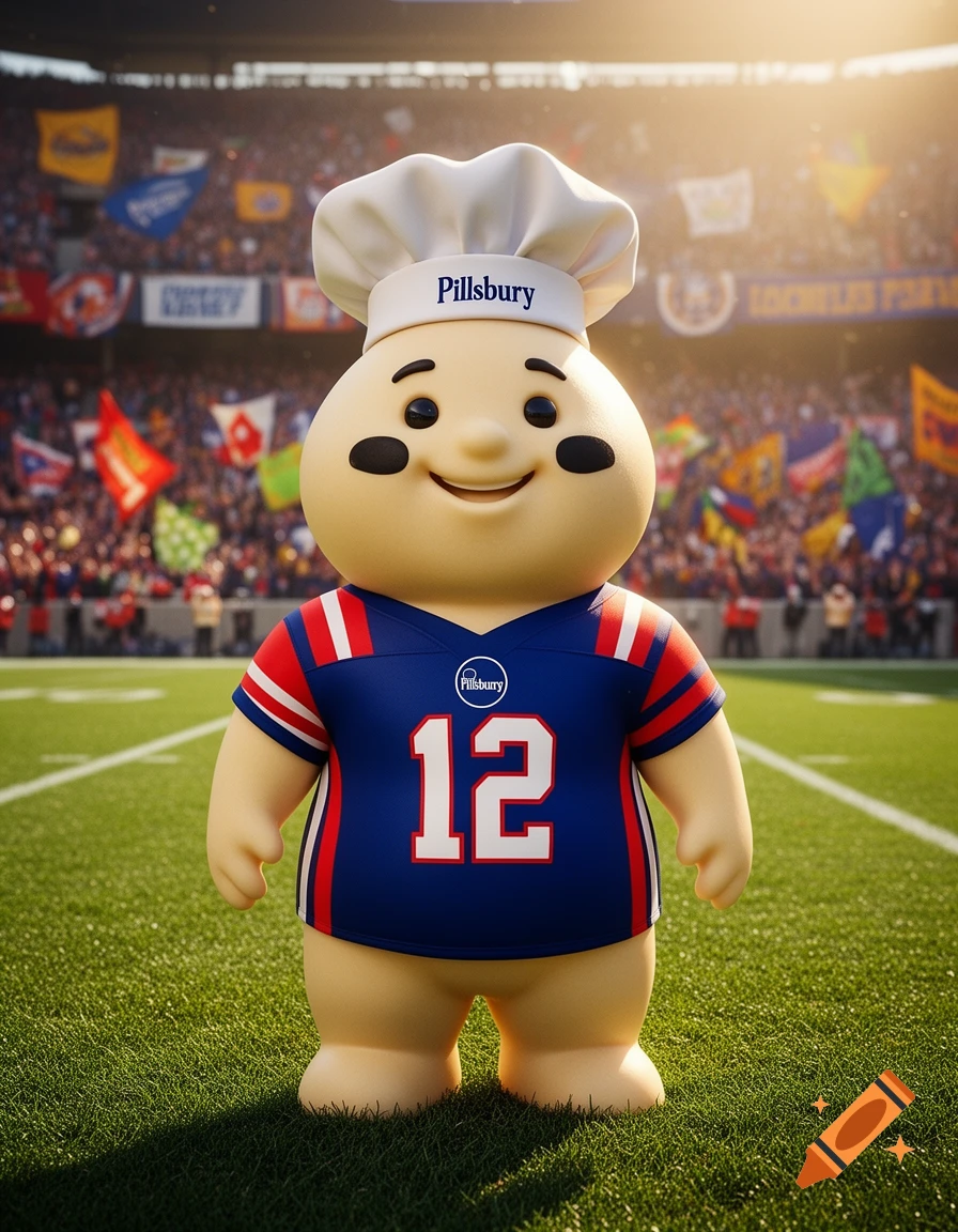 Pillsbury Doughboy wearing a blue, red, and white football jersey with number 12, standing on a green football field in a stadium.