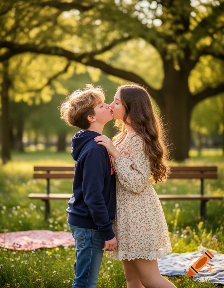 Young boy and girl sharing a kiss in a sun-dappled park, with green trees and a picnic blanket in the background.