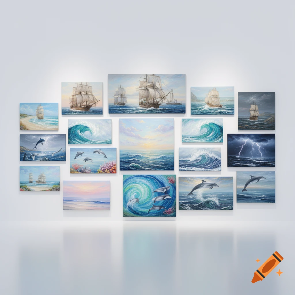 A gallery display of multiple oil paintings featuring nautical themes like tall ships, crashing waves, and jumping dolphins, against a white background.