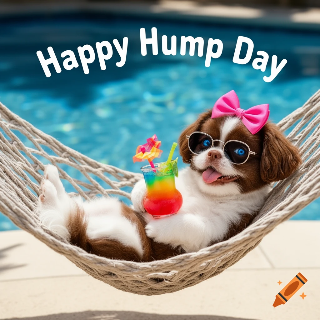 A cute liver and white shih tzu puppy with sunglasses and a pink bow, relaxing in a hammock by a pool with a colorful tropical drink, under the text "Happy Hump Day".