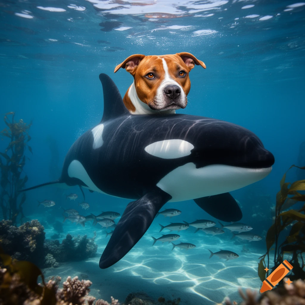 Photorealistic image of an American Staffordshire dog's head on an orca swimming underwater, surrounded by fish and coral.