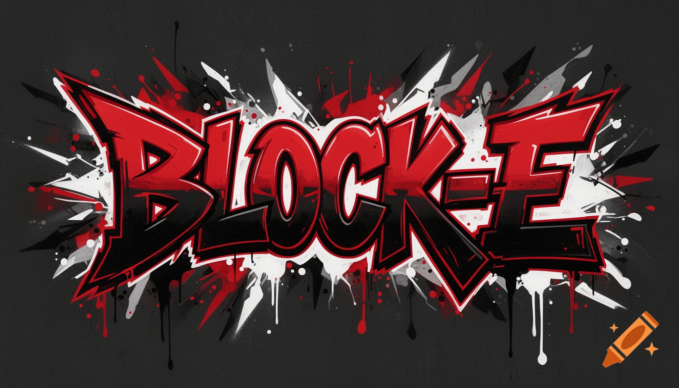 Dynamic graffiti art spelling 'BLOCK-E' in red, black, and white on a dark background, with sharp lines and paint splatters.