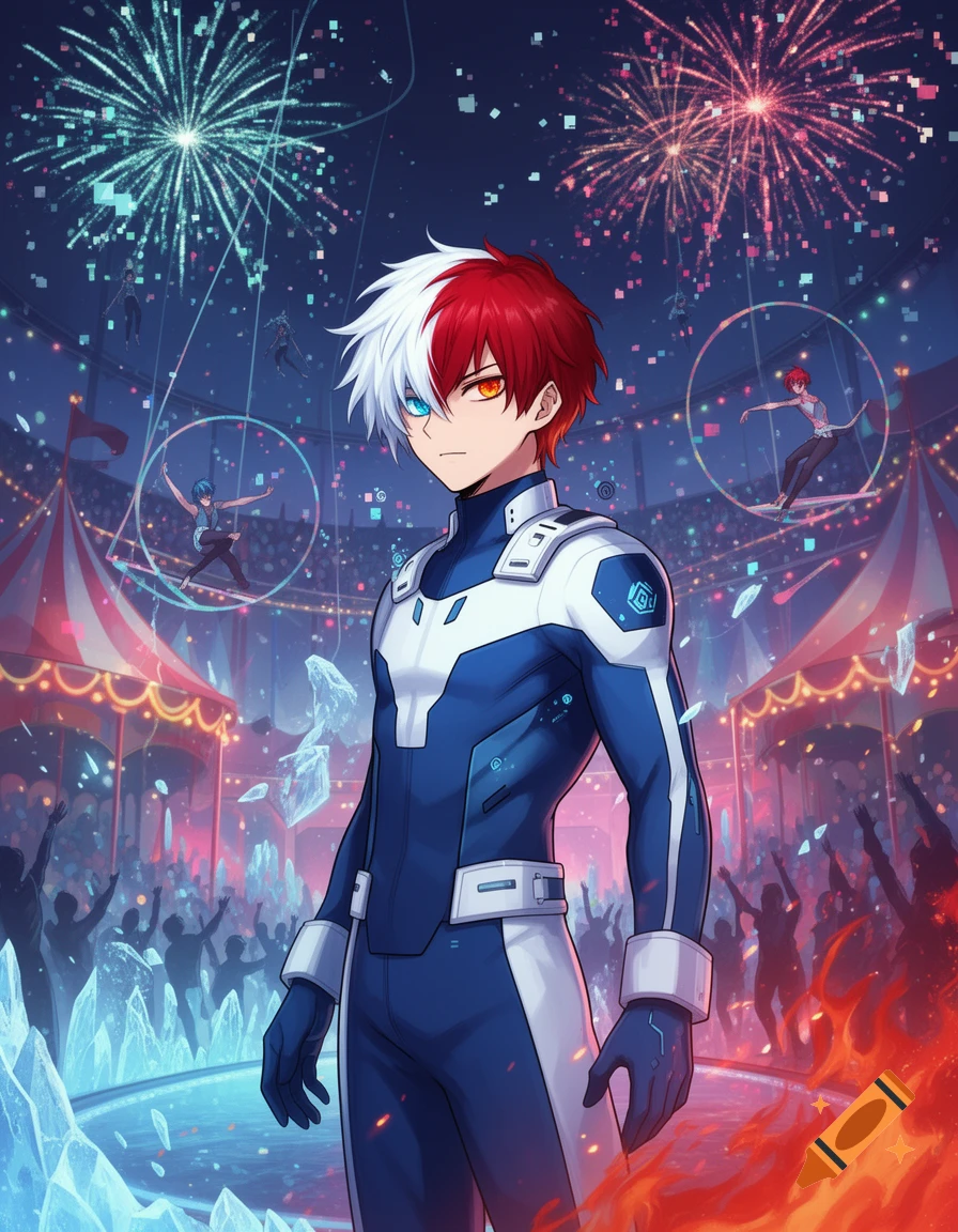 Shoto Todoroki in a blue and white hero suit, with ice and fire powers, stands amidst a vibrant digital circus with fireworks and aerialists.