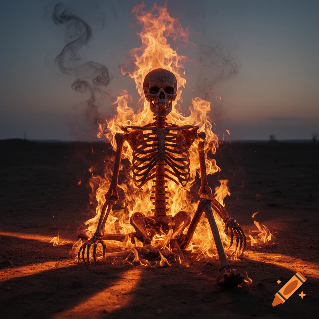 Photorealistic image of a skeleton engulfed in flames, sitting in a desolate landscape at dusk.