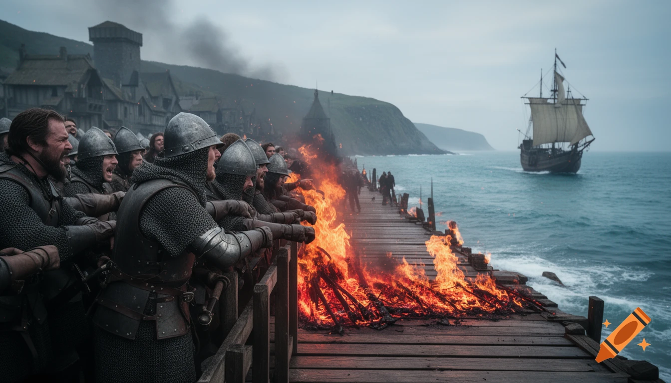 Photorealistic image of medieval soldiers on a burning wooden jetty, watching a sailing ship depart a coastal town.