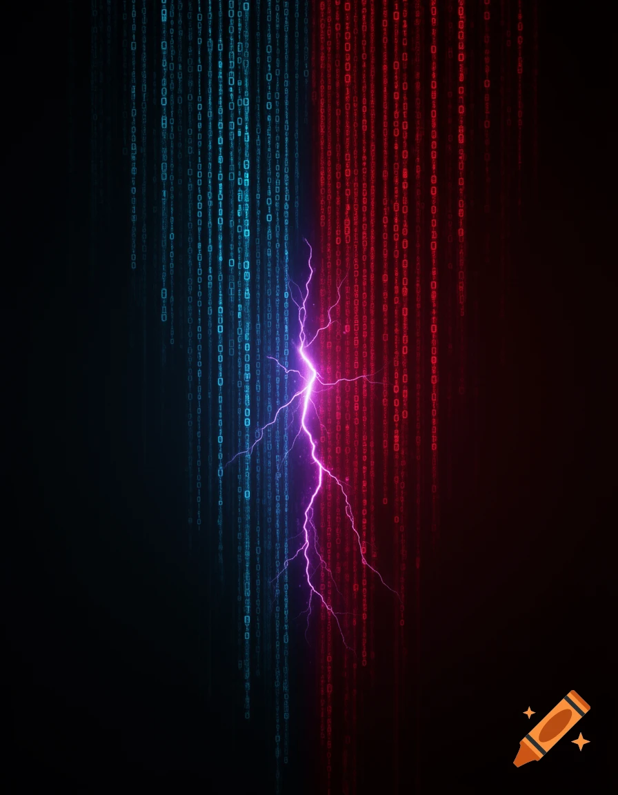 A vertical split background with blue and red cascading matrix code, divided by a glowing purple lightning bolt on a deep matte black background.
