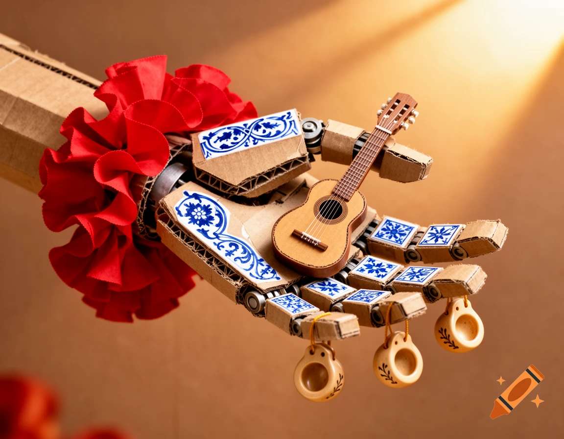 A cardboard robotic hand decorated with blue and white tiles and a red ruffle, holding a miniature guitar and castanets.