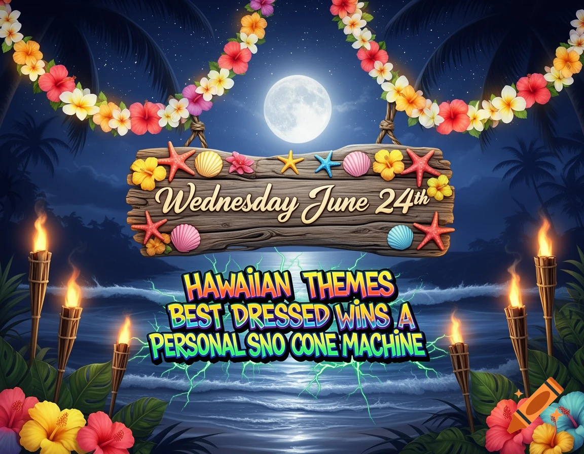 A tropical Hawaiian night with a full moon, palm trees, tiki torches, and flower garlands. Signs announce an event for 'Wednesday June 24th' with 'Hawaiian Themes' and a 'Best Dressed' prize.