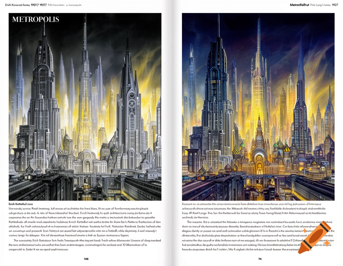 A book spread displays two images of a futuristic city with towering, ornate skyscrapers, some with spires, under a dramatic sky with golden light. Text is visible below each image.