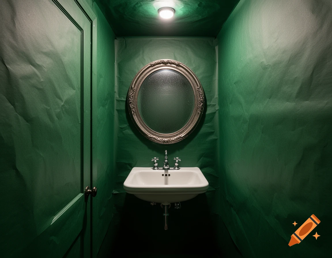 A small powder room with dark green crumpled paper on walls and ceiling, featuring a white sink, ornate oval mirror, and overhead light.