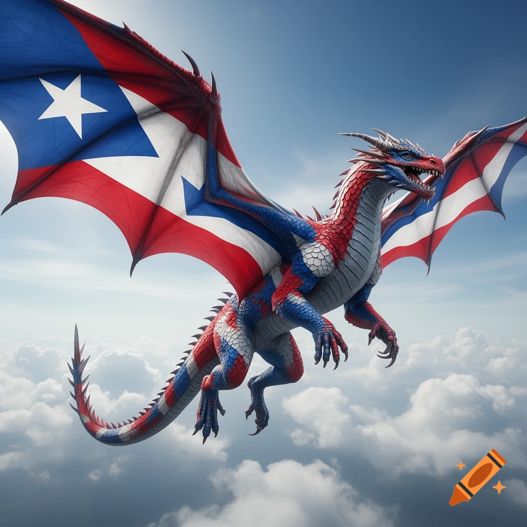 A majestic dragon with scales and wings patterned like the Puerto Rico flag flies through a cloudy blue sky.