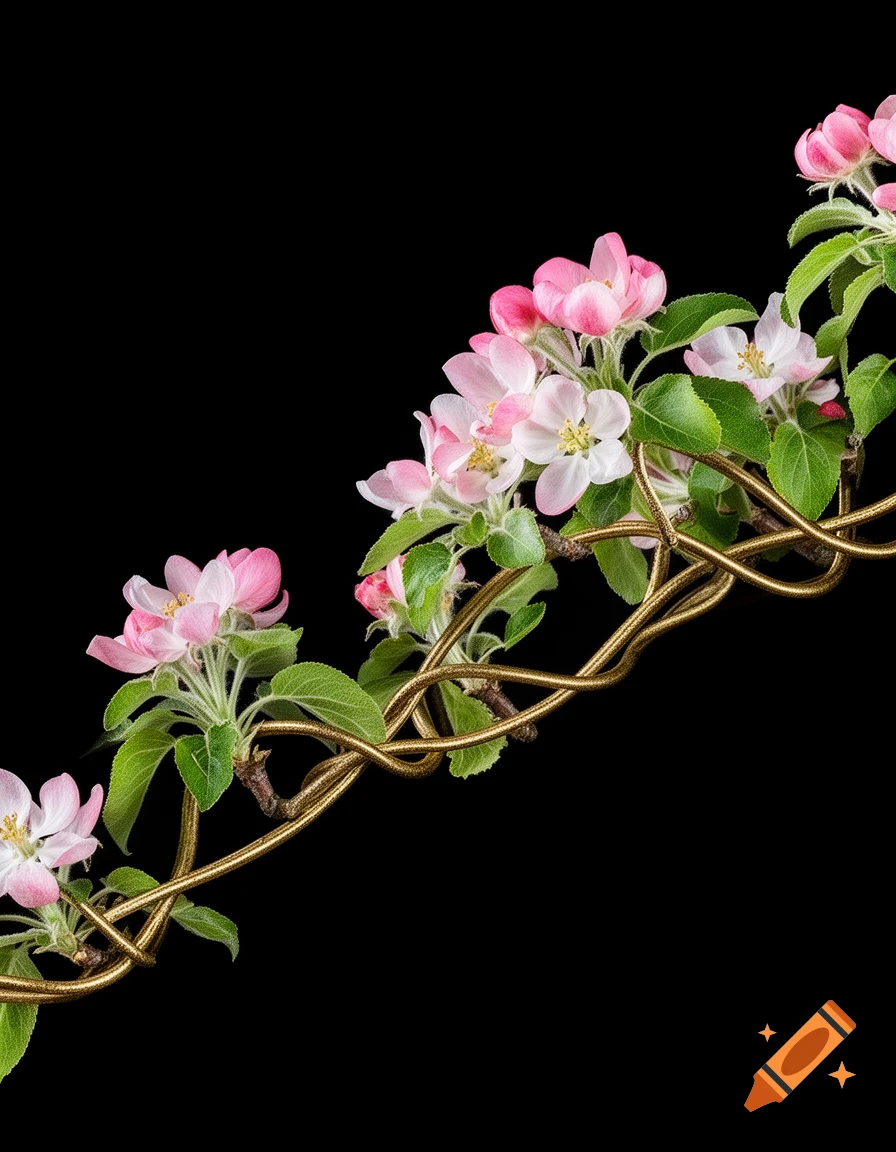 Pink and white apple blossoms intertwine with golden curling vines against a solid black background.