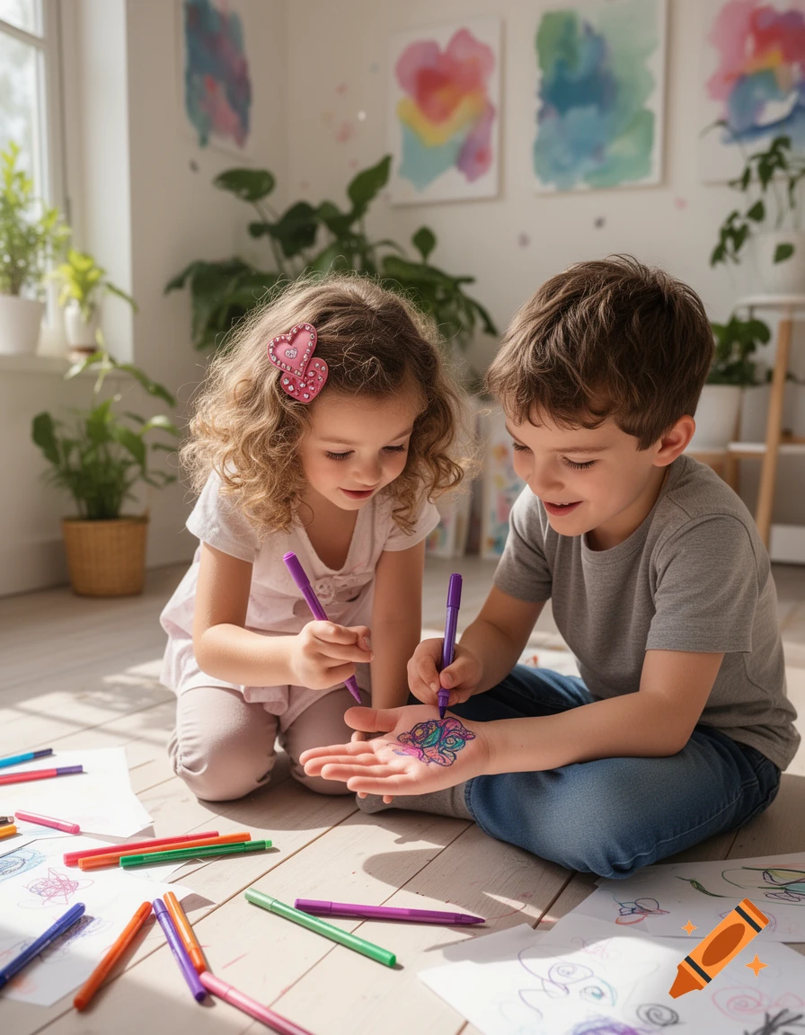 A girl with curly hair draws a colorful design with a purple marker on a boy's open palm. Markers and paper are scattered on the wooden floor.