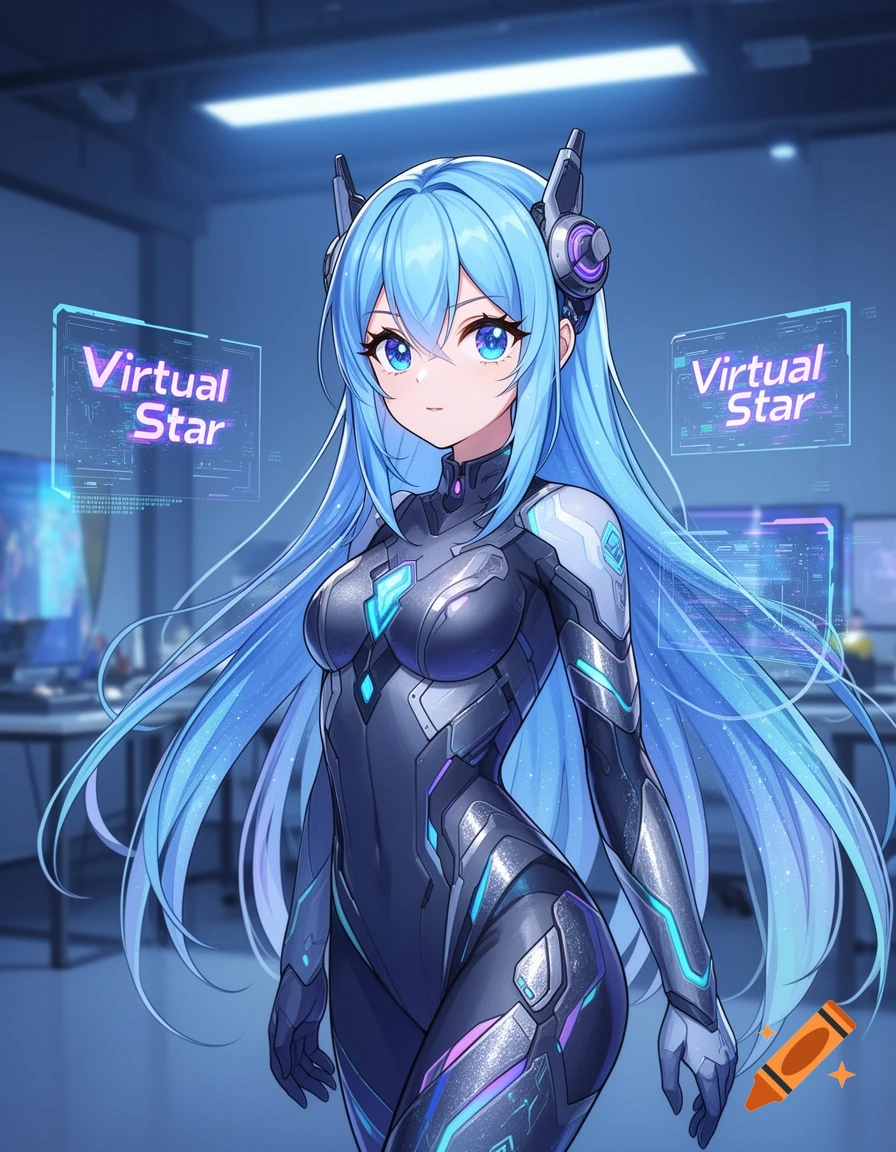 Anime girl with long blue hair and headphones in a futuristic suit, standing in a tech-filled room with 'Virtual Star' holograms.
