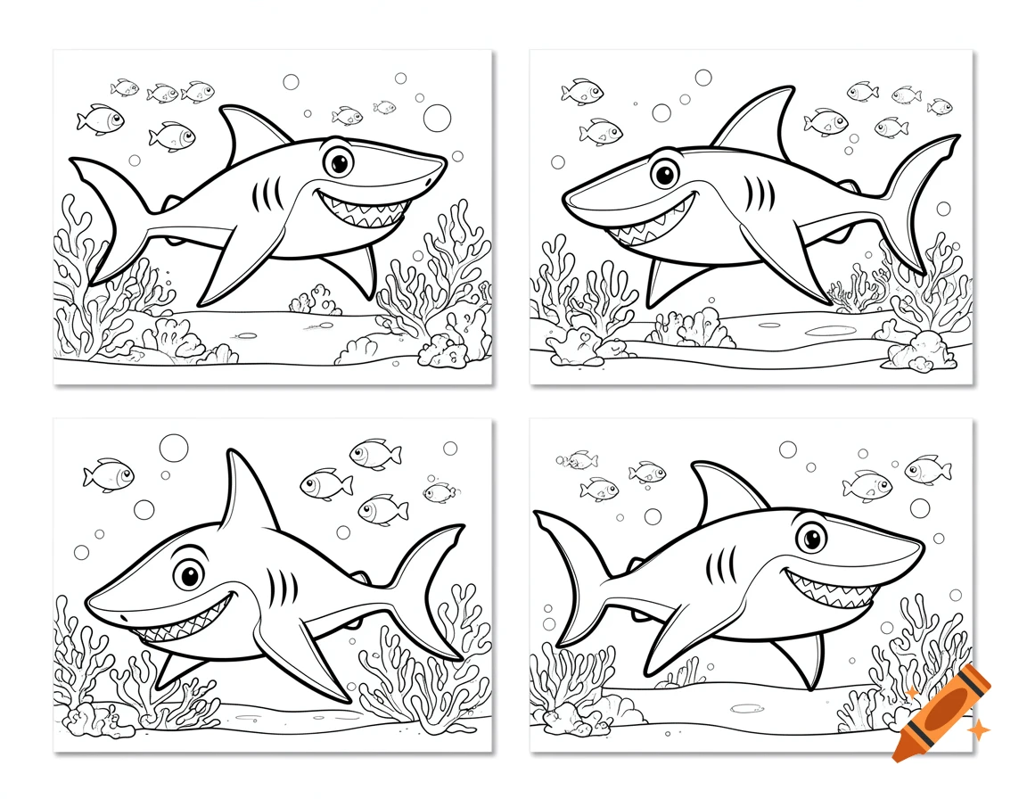 Four black and white cartoon shark coloring pages, each featuring a smiling shark in an underwater scene with fish and coral.