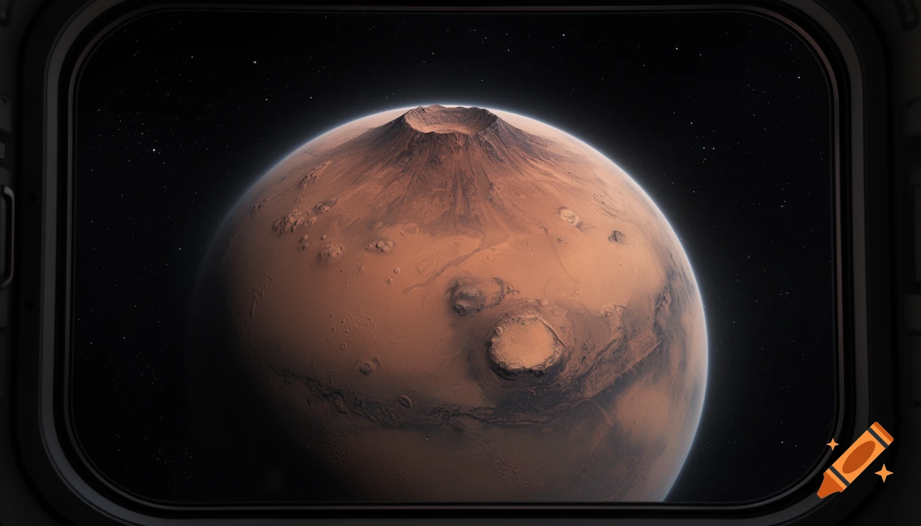 Photorealistic view of the planet Mars with its craters and caldera, seen through a spaceship window in deep space.