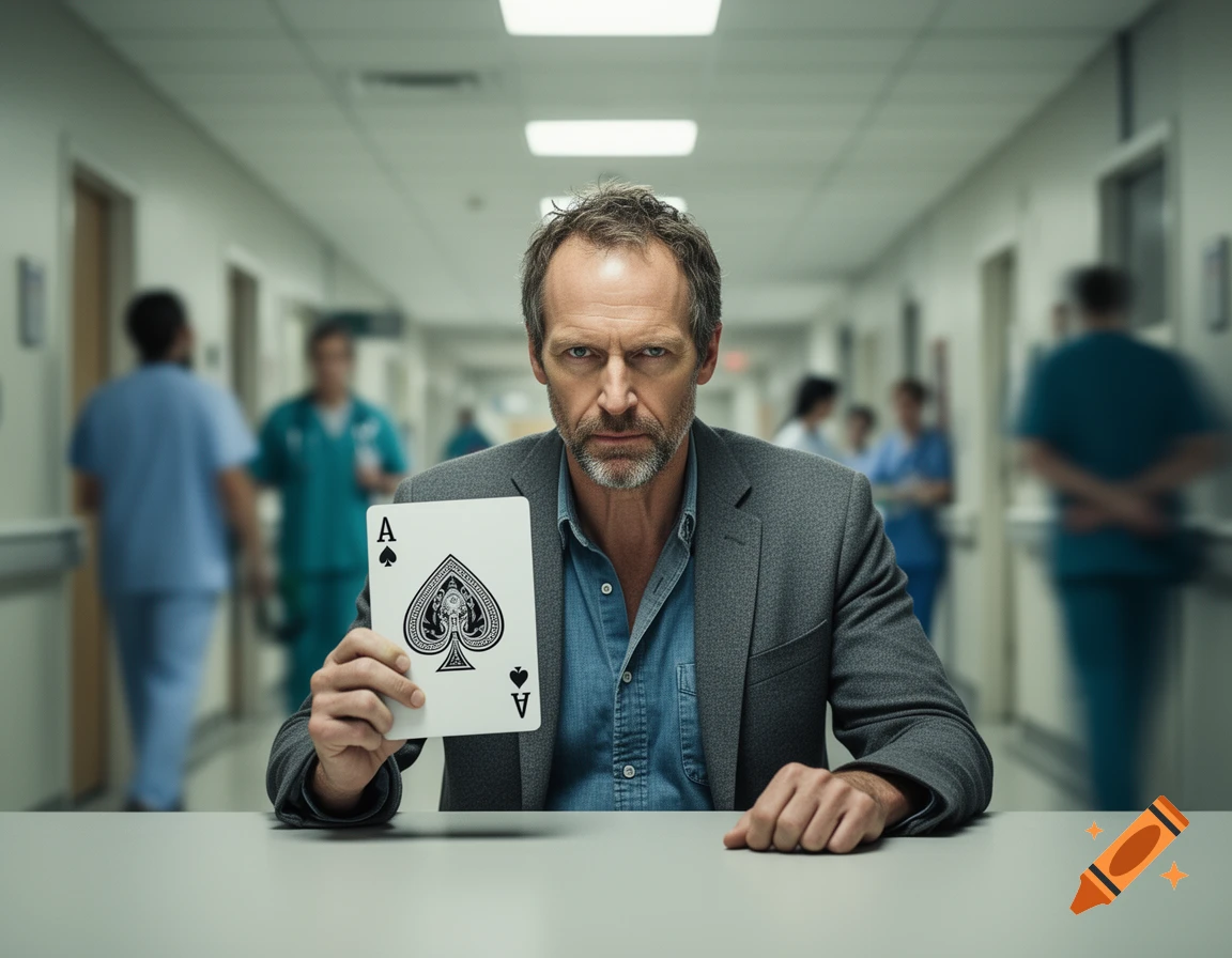 A stern man holding an ace of spades playing card sits at a table in a hospital hallway.