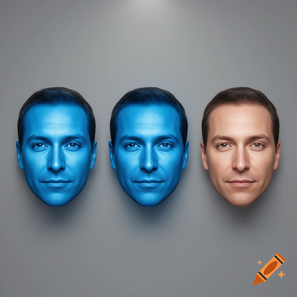 Three disembodied male faces against a grey background, two blue and one natural skin tone.