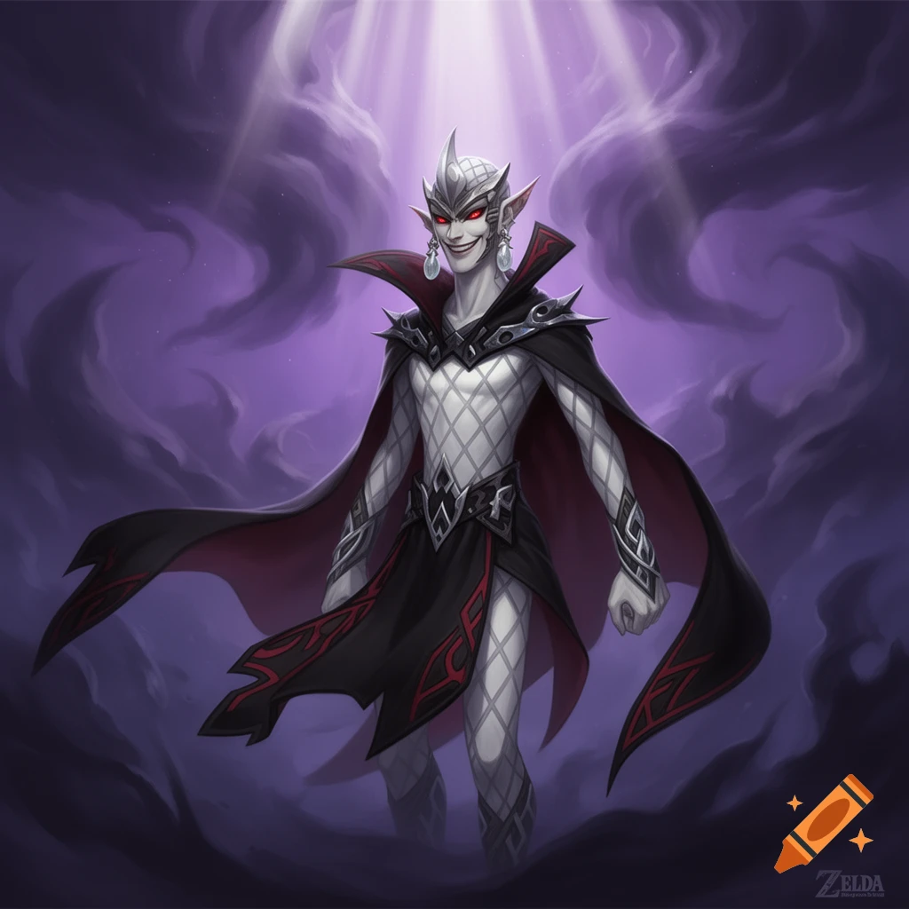 Stylized Ghirahim, a pale-skinned character with red eyes and a mischievous grin, in a black and white outfit and cape amidst purple smoke.