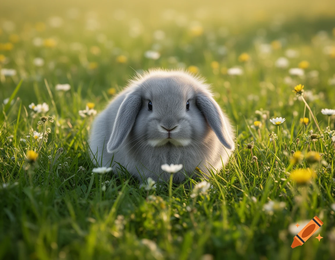 A photorealistic close-up of a small, fluffy gray lop-eared rabbit sitting in a sunny green meadow with white and yellow flowers.
