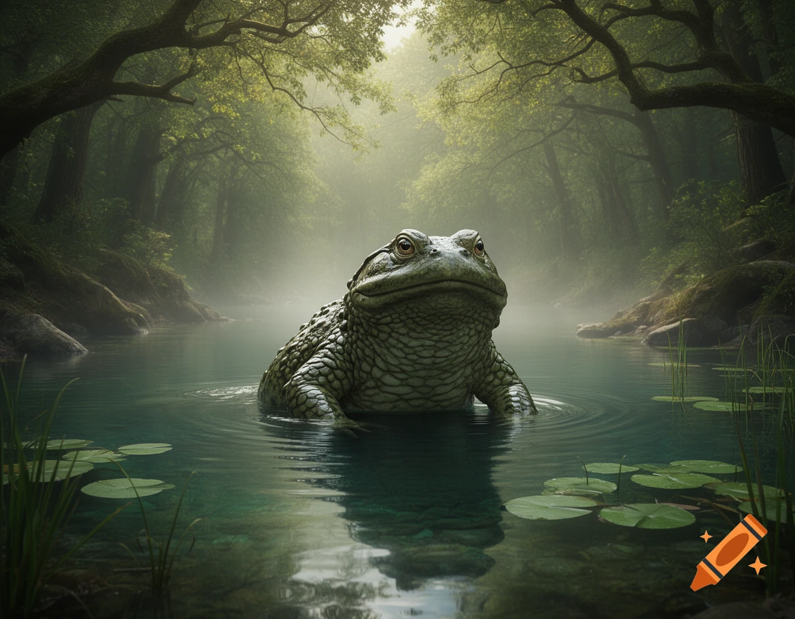 A majestic, scaly Afanc, a mythical frog-like creature, sits in tranquil, misty forest waters with lily pads. Photorealistic.