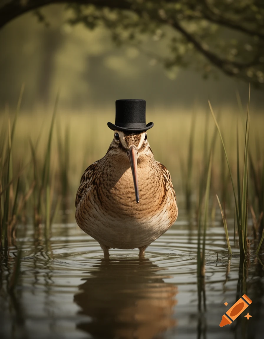 An American woodcock with a long beak wears a black top hat, standing in shallow water among tall green grasses.