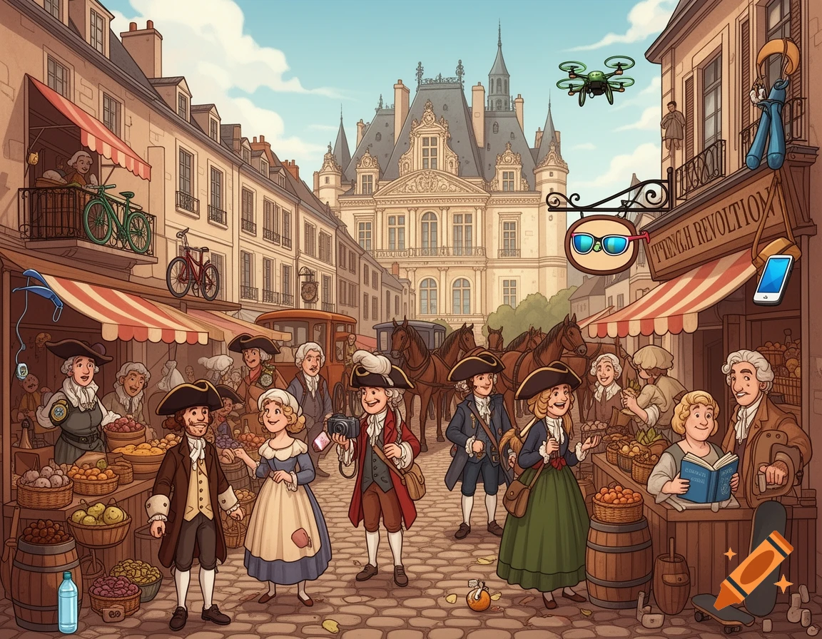 A cartoon hidden object scene of a bustling French Revolution-era market street with people in historical attire, but featuring several anachronistic modern items like a drone, bicycles, a smartphone, and a skateboard. A large palace is in the background.