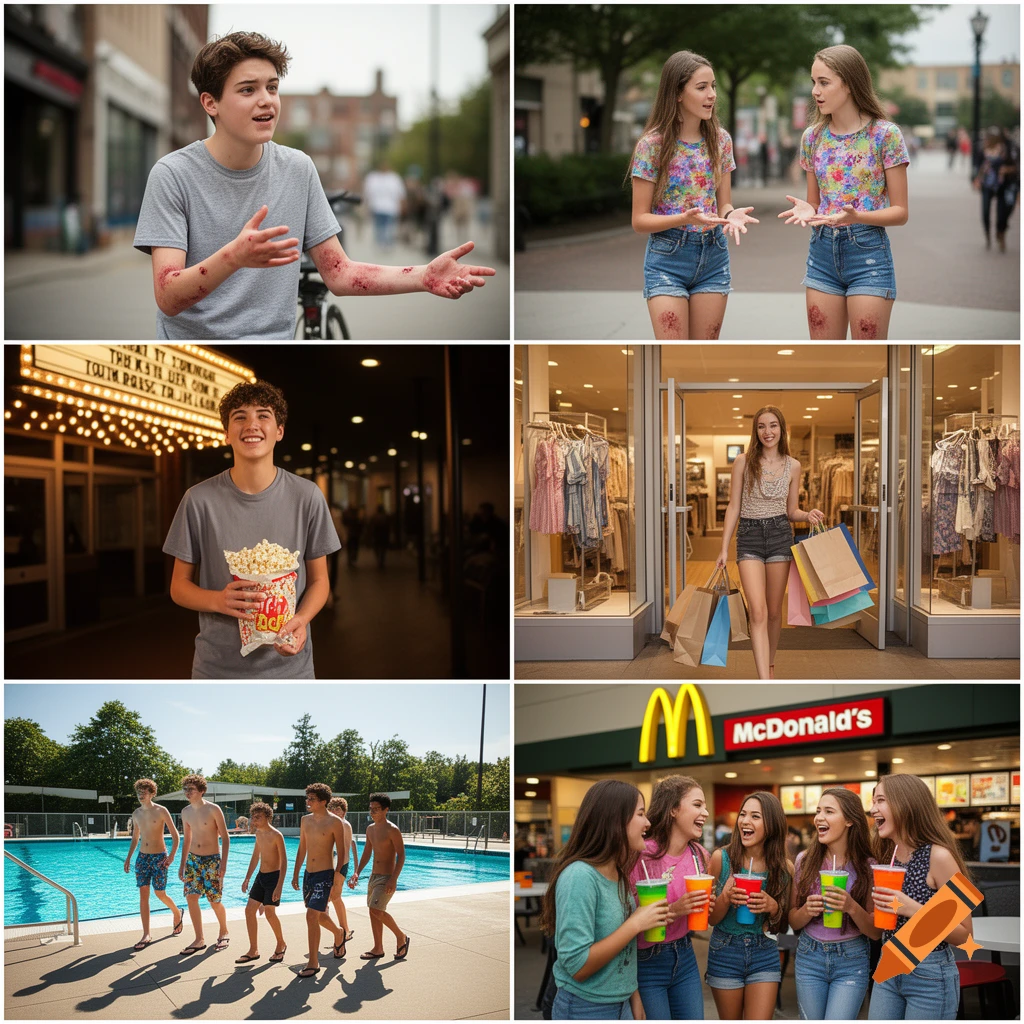 A collage of six images showing teenagers in various situations: a boy with scrapes, two girls with scrapes, a boy with popcorn at a cinema, a girl shopping, boys at a pool, and girls at McDonald's.