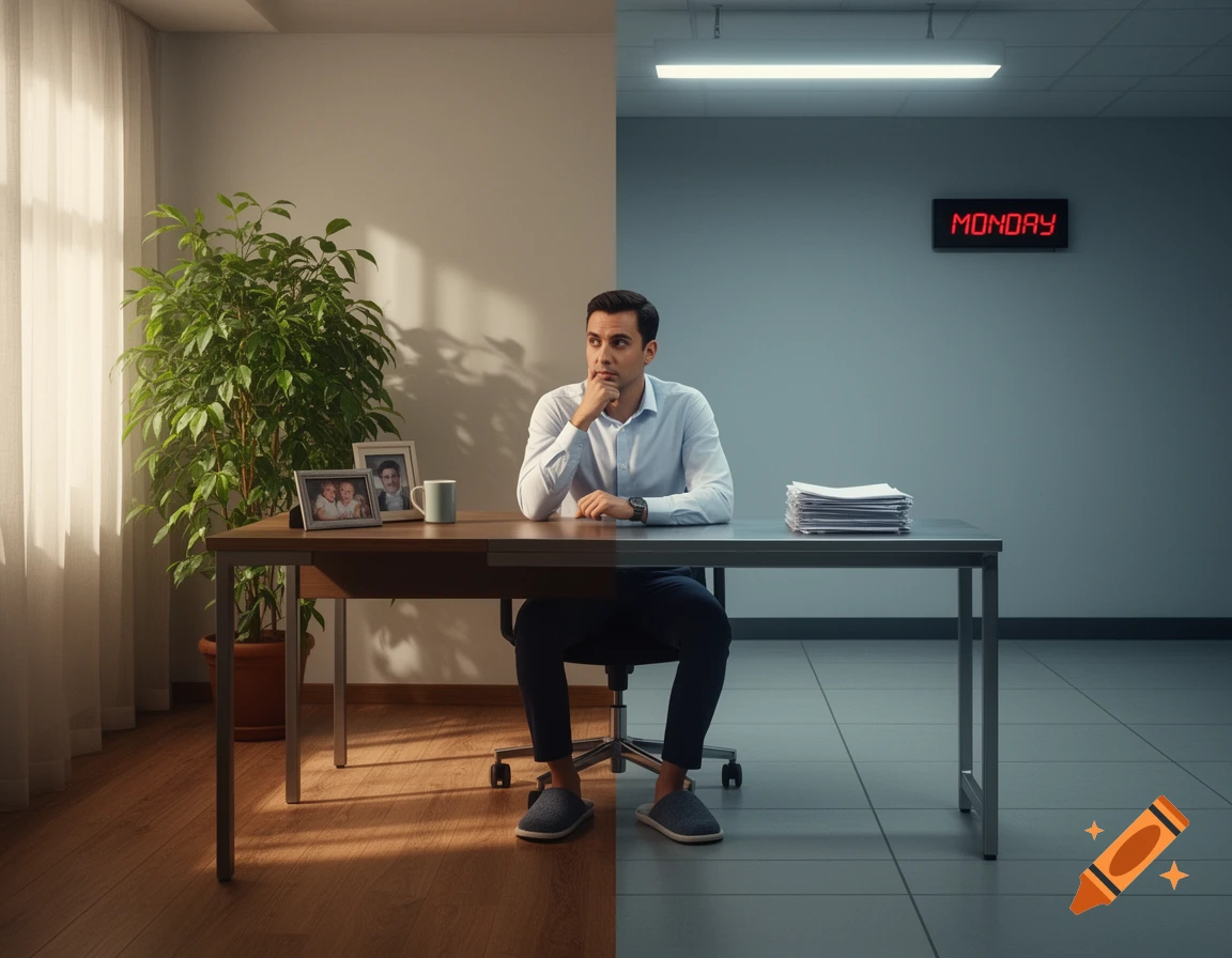 A man sits at a desk split between a sunlit home setting with a plant and a stark, gray office with a 'MONDAY' digital clock, appearing thoughtful.