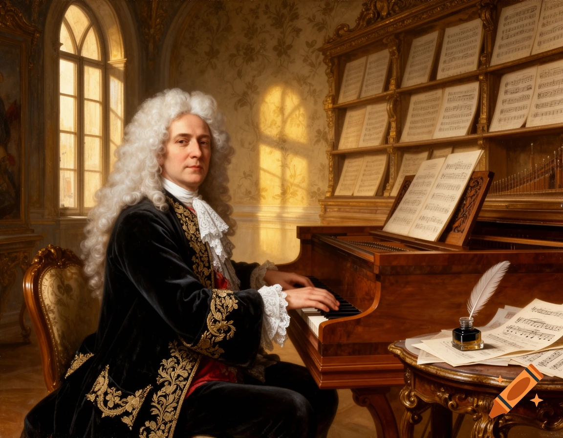 A painted portrait of a man in a white wig and baroque attire playing a harpsichord in a richly decorated room.