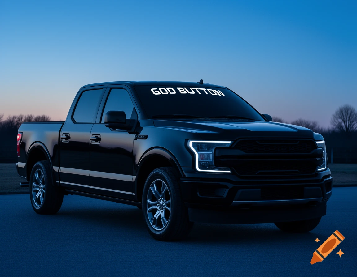 A photorealistic black pickup truck with 'GOD BUTTON' on the windshield, parked at dawn.
