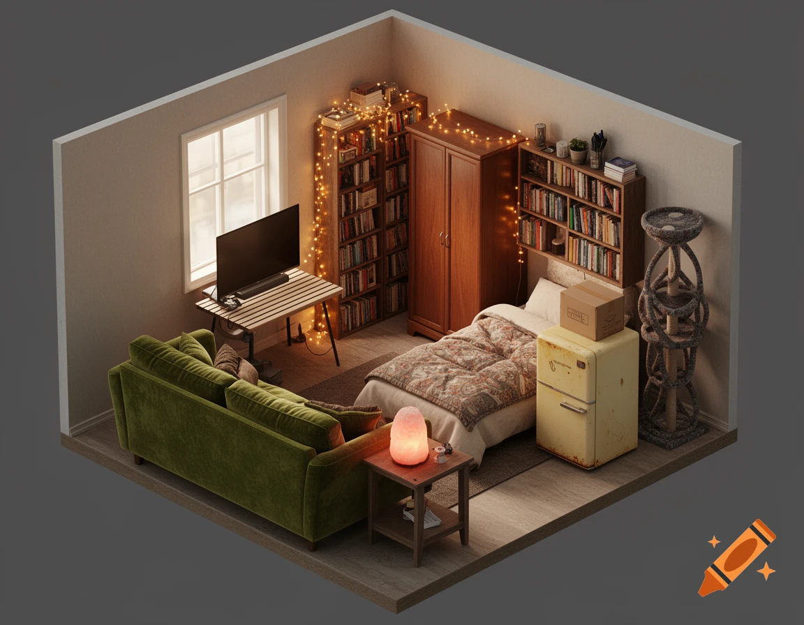 An isometric 3D view of a cozy studio apartment with a green sofa, bed, bookshelves with fairy lights, TV, and a cat tree.