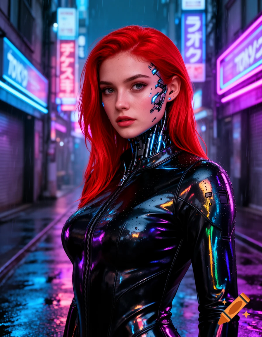 A photorealistic portrait of a red-haired female cyberpunk mercenary with cybernetic enhancements, wearing a tight black patent-leather bodysuit in a neon-lit rainy Tokyo alley at night.