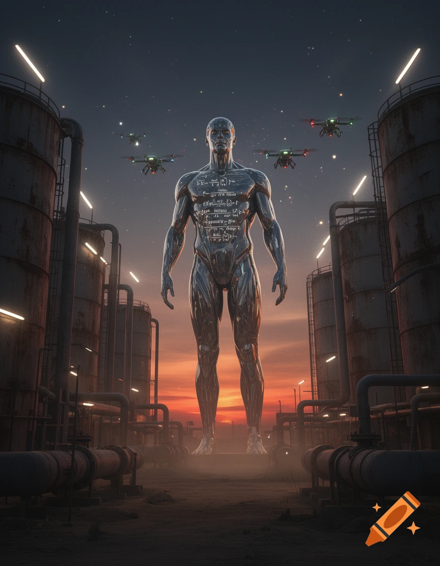 Giant metallic humanoid figure standing among industrial tanks and pipes, with drones flying under a twilight sky.