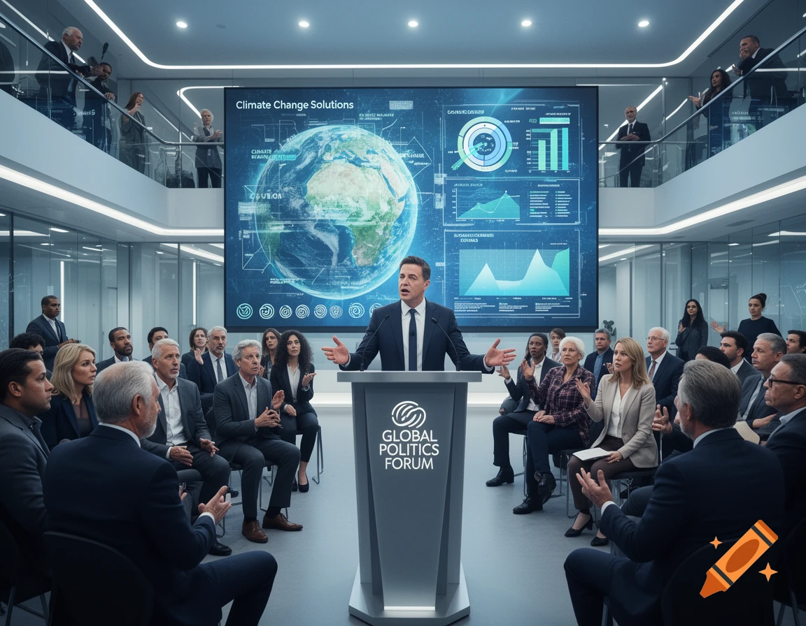 A man in a suit speaks at a podium with "GLOBAL POLITICS FORUM" written on it, addressing an audience in a modern conference room. Behind him, a large screen displays "Climate Change Solutions" with a globe and various data graphics.