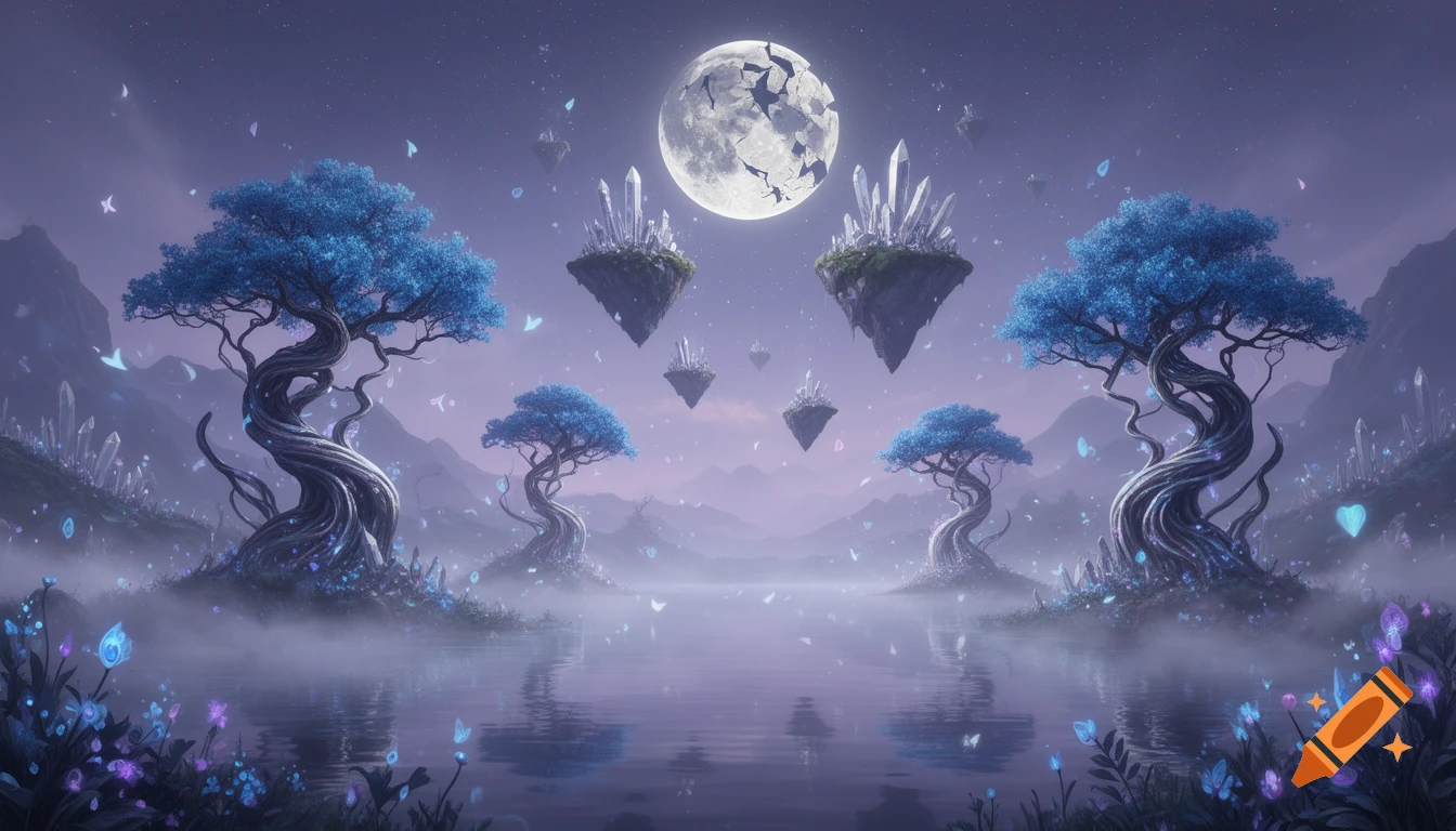 Dreamlike fantasy landscape at night with glowing blue trees, floating islands topped with crystals, a cracked full moon, and a misty reflective lake.