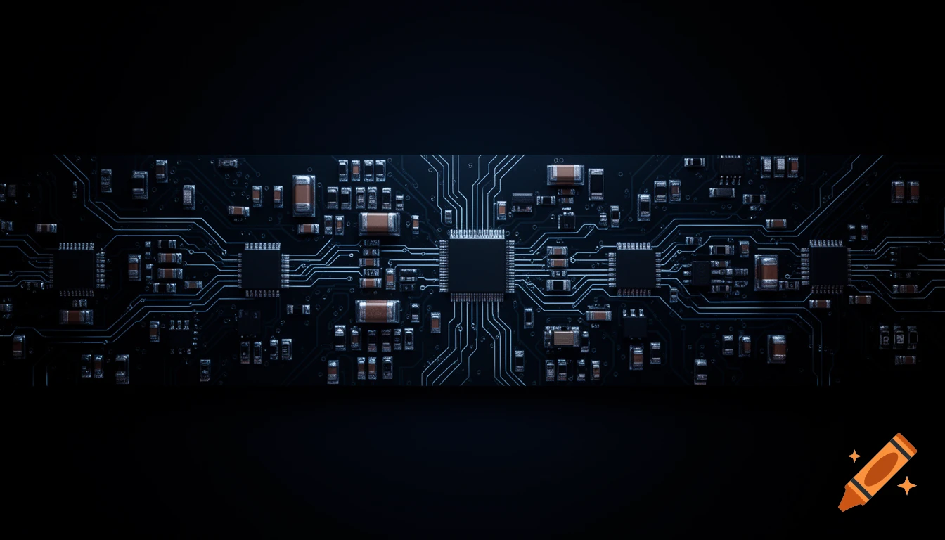 A detailed view of a dark circuit board featuring numerous electronic components and illuminated traces.