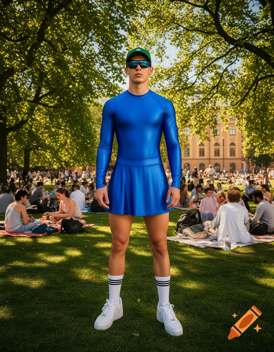 Confident athletic man in a shiny blue leotard, green cap, sunglasses, white socks, and sneakers stands in a sunny park with picnickers.