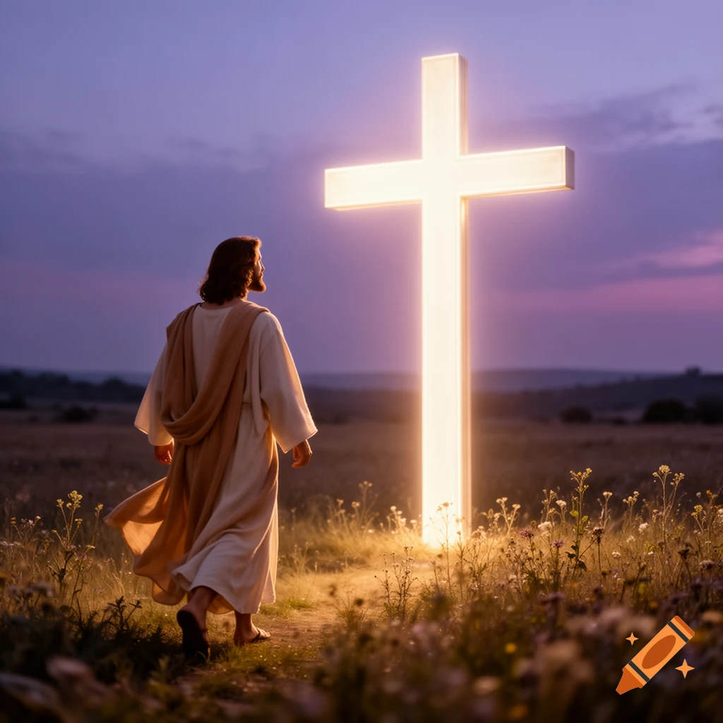 Jesus walks on a path in a field towards a large, glowing white cross under a twilight sky.