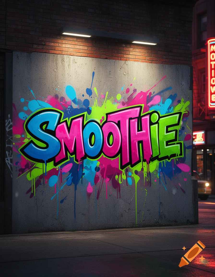 Vibrant graffiti spelling "Smoothie" in blue, pink, and green on a concrete wall at night, illuminated by lights.