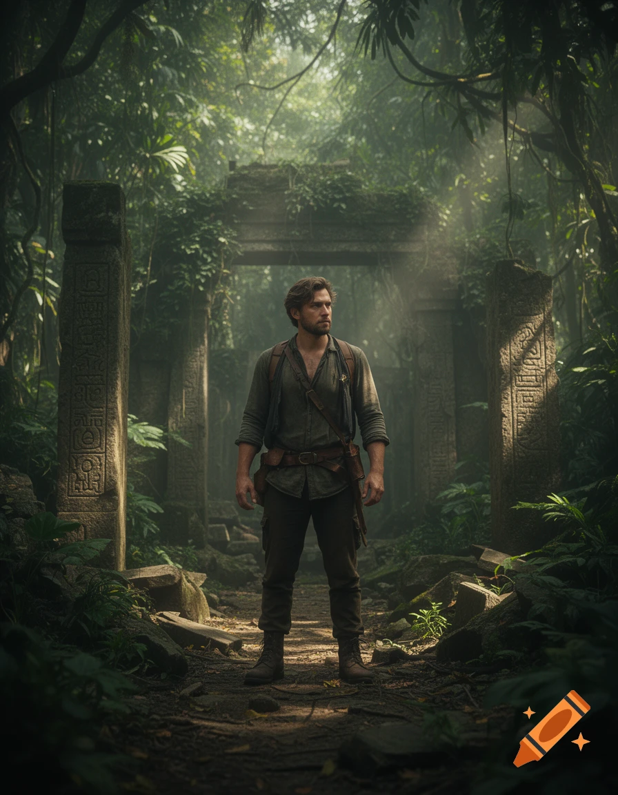 A man in explorer gear stands confidently in ancient jungle ruins, with sunlight filtering through the dense canopy.