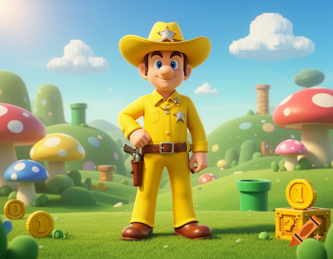 A 3D cartoon sheriff in a yellow cowboy outfit stands in a Super Mario-like world with mushrooms, pipes, and coins.